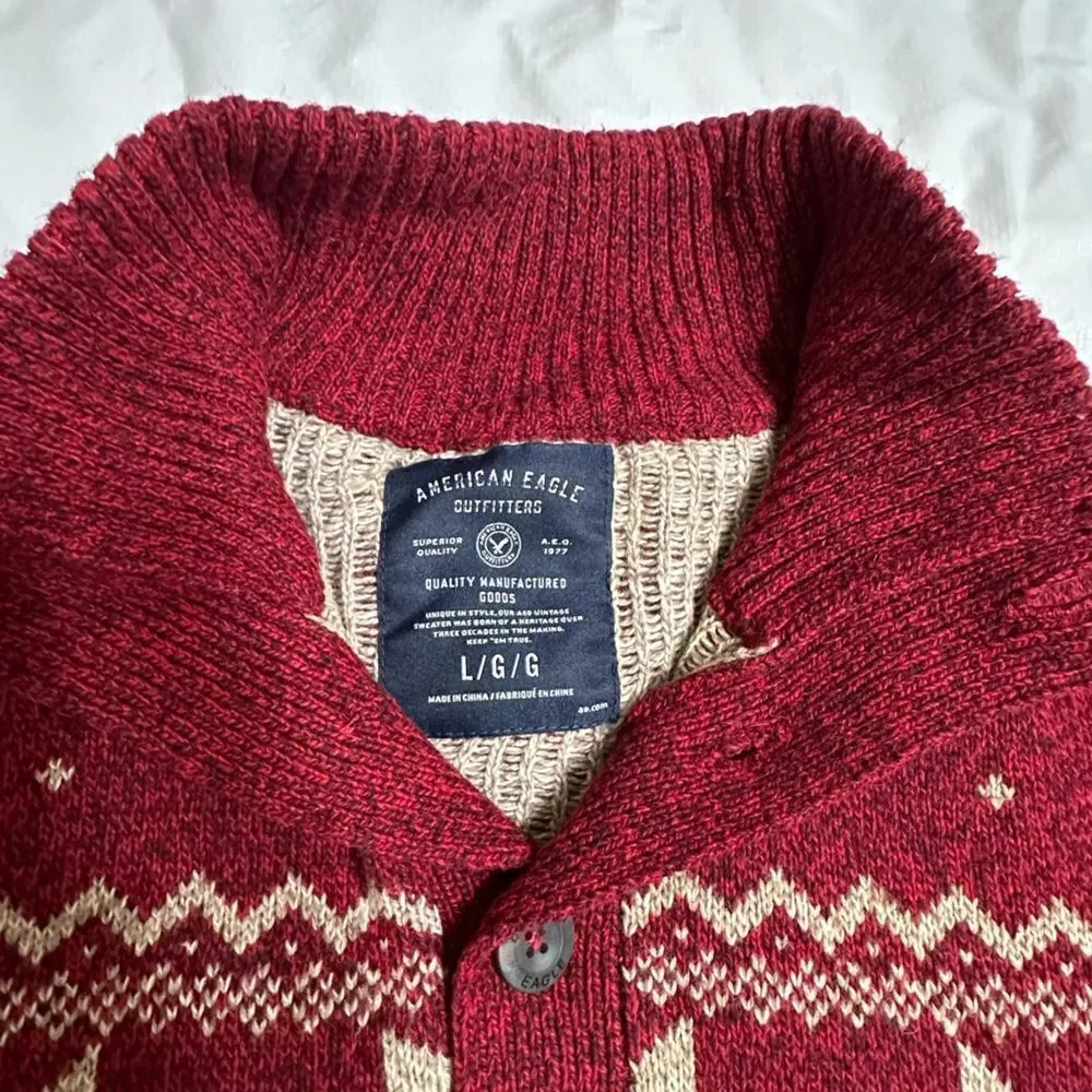 American Eagle Red Fair Isle 1/4 button pullover sweater size Large NWOT